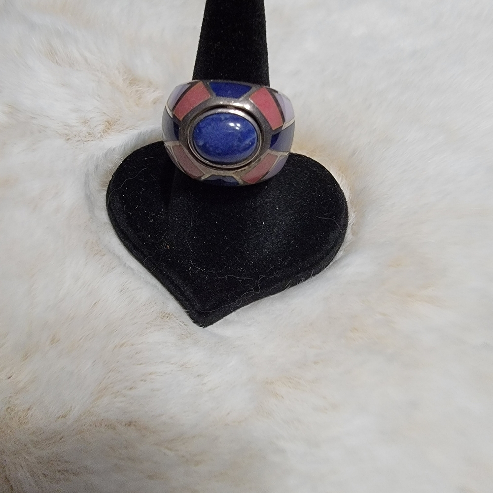 Mosaic stone ring with center lapis stone.  Size 6.  SS.  Western style.